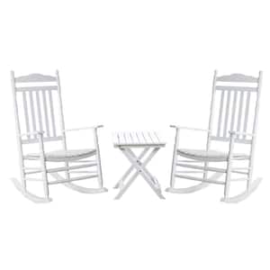 White Wood Outdoor Rocking Chair, Traditional Porch Patio Rocker with Small Foldable Side Table, Set of 3