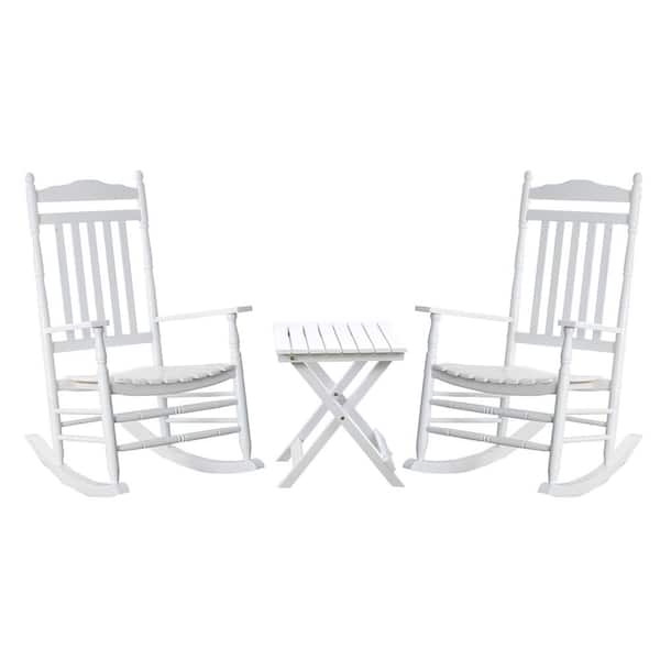 BplusZ White Wood Outdoor Rocking Chair, Traditional Porch Patio Rocker with Small Foldable Side Table, Set of 3