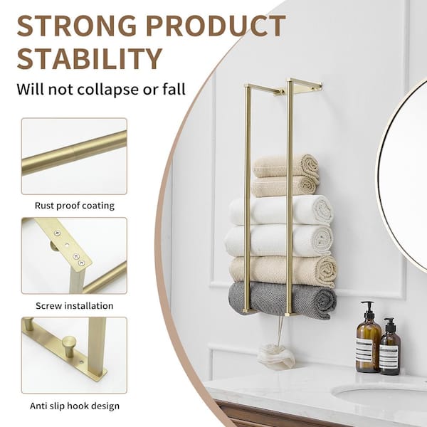 Wall Mounted Bathroom Organizer Bath Towel Holder for Rolled Towels Modern Small Space Bathroom in Brushed Gold