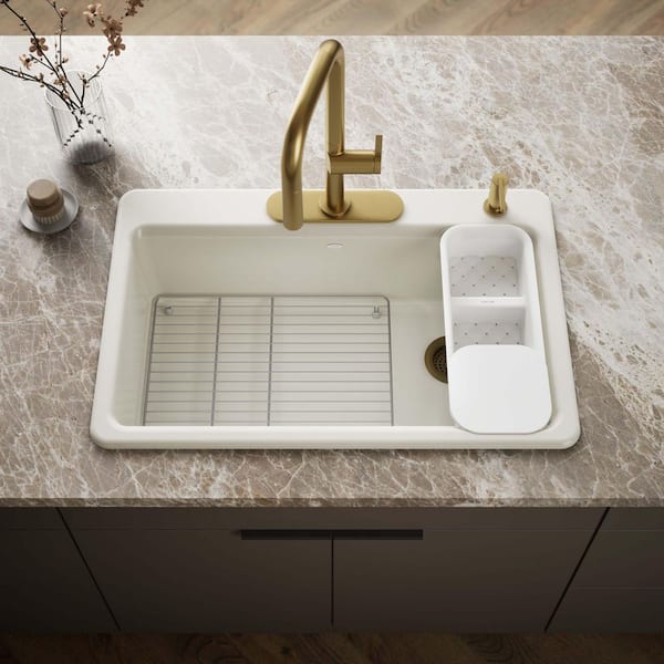 Riverby Drop-In Cast Iron 33 in. 4-Hole Single Bowl Kitchen Sink Kit with Accessories in Biscuit
