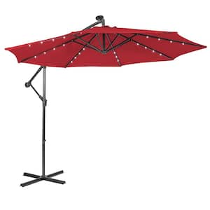 10 ft. Octagon Steel Cantilever 32 Solar LED Lighted Tilt Patio Umbrella in Red Offset Umbrella with Crank and Stand