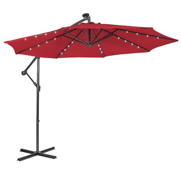 WELLFOR 10 ft. Octagon Steel Cantilever 32 Solar LED Lighted Tilt Patio Umbrella in Red Offset Umbrella with Crank and Stand