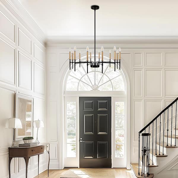 12-Light Modern Farmhouse Black and Gold Chandelier for Dining Room Over Table,Hanging Ceiling Candle Chandeliers