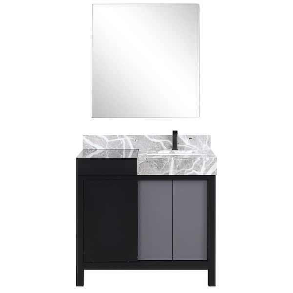 Zilara 36 in x 22 in D Black and Grey Bath Vanity, Castle Grey Marble Top, Gun Metal Faucet Set and 30 in Mirror