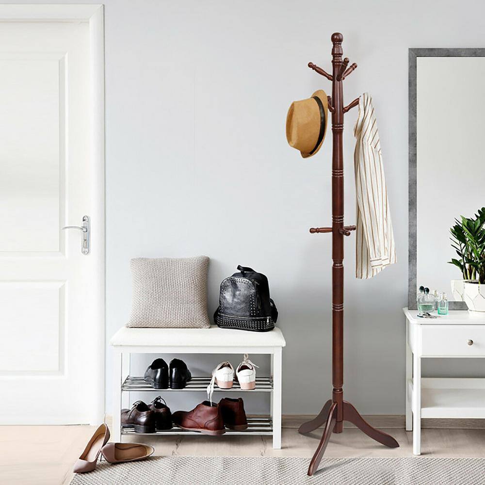 Walnut Adjustable Height Freestanding Coat Rack with 9 Hooks