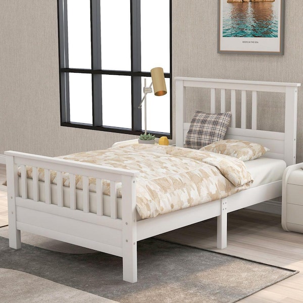 White Wood Frame Twin Platform Bed with Headboard and Footboard