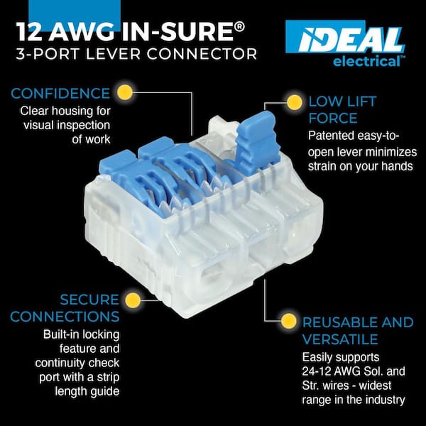 In-Sure Lever Wire Connector, 12 AWG, 3-Port Bag of 50