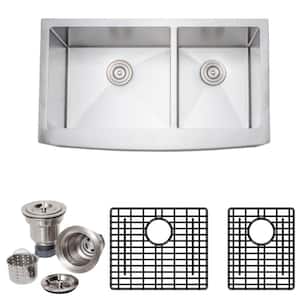 New Chef's Collection Handcrafted Farmhouse Apron Front Stainless Steel 36 in. 60/40 Double Bowl Kitchen Sink Package