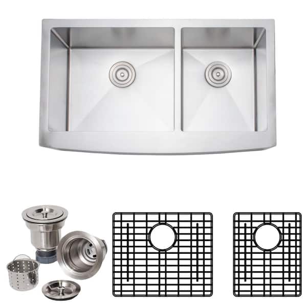 Wells New Chef's Collection Handcrafted Farmhouse Apron Front Stainless Steel 36 in. 60/40 Double Bowl Kitchen Sink Package