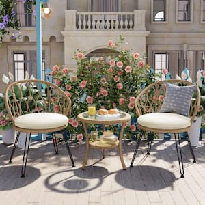 Brown 3-Piece Metal Outdoor Bistro Set with Beige Cushions