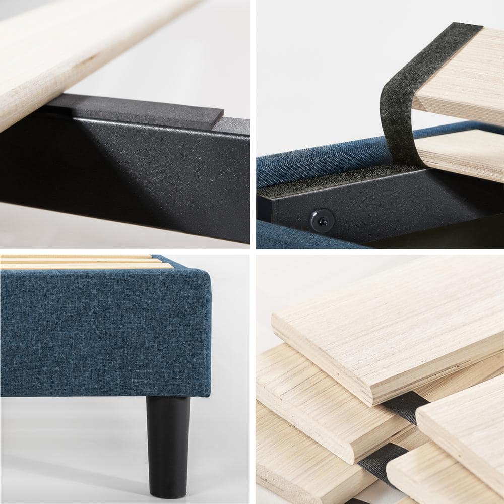 Navy Upholstered Full Platform Bed with Steel Frame and Wood Slats