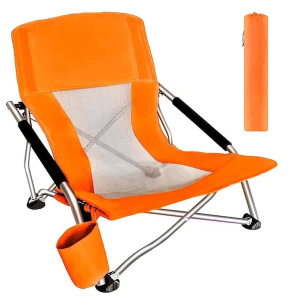 MUKE Beach Chair for Adults, Low Beach Camping, Folding Chair, Shoulder Strap, Cup Holder, Steel Frame 300 lbs. (Orange 1-Pk)