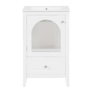 20 in. Freestanding White Bath Vanity with White Ceramic Top, Bathroom Cabinet with Soft Closing Glass Door and Drawer