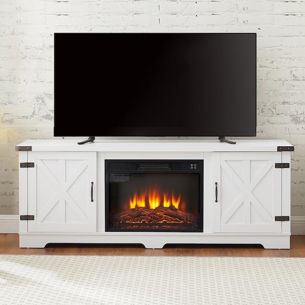 ToolCat 64.8 in. Freestanding Modern Farmhouse TV Stand with 23 in. Fireplace Insert and Open Shelves for TV Up to 70 in. White