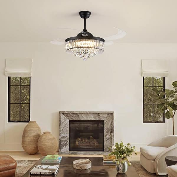 48 in. Indoor Modern Black Smart Retractable Crystal Ceiling Fan with LED Light and Remote,Downrod Mount Chandelier Fan