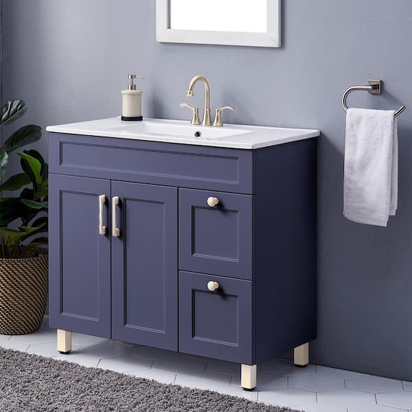 VAPSINT 36 in. W x 17.5 in. D x 33 in. H Single Free-standing Bath Vanity in Deep Blue with White Ceramic Sink and Top
