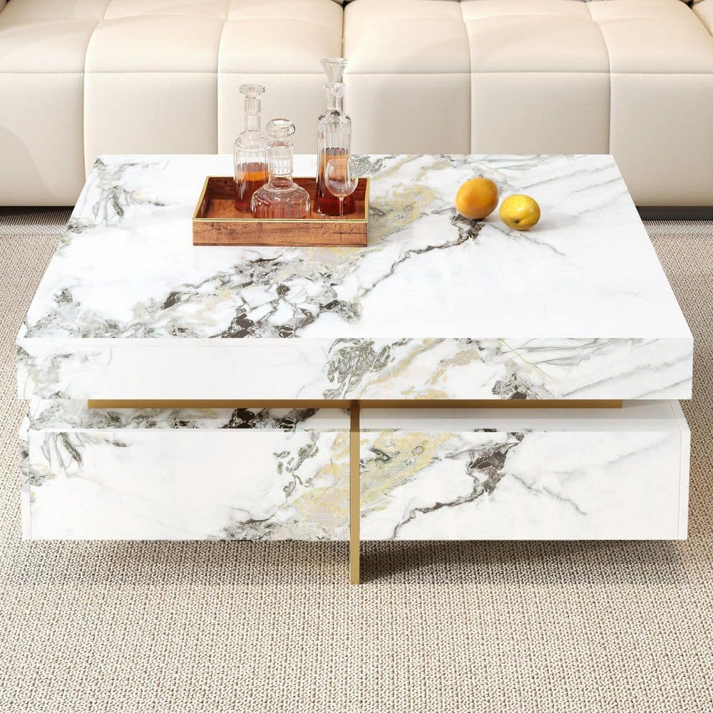 43.3 in. White Rectangle MDF Wood Coffee Table with 4 Drawers and Suspended Base
