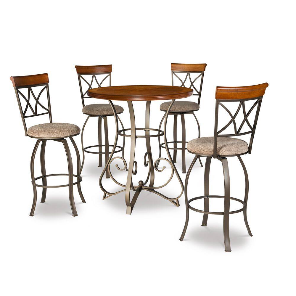 Masson 5-piece round cherry and bronze wood top bar pub dining set with four swivel chairs.