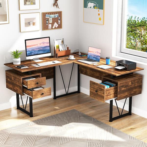 59 in. L-shaped Computer Desk w/ Charging Station Corner Desk Sturdy Metal Frame Brown