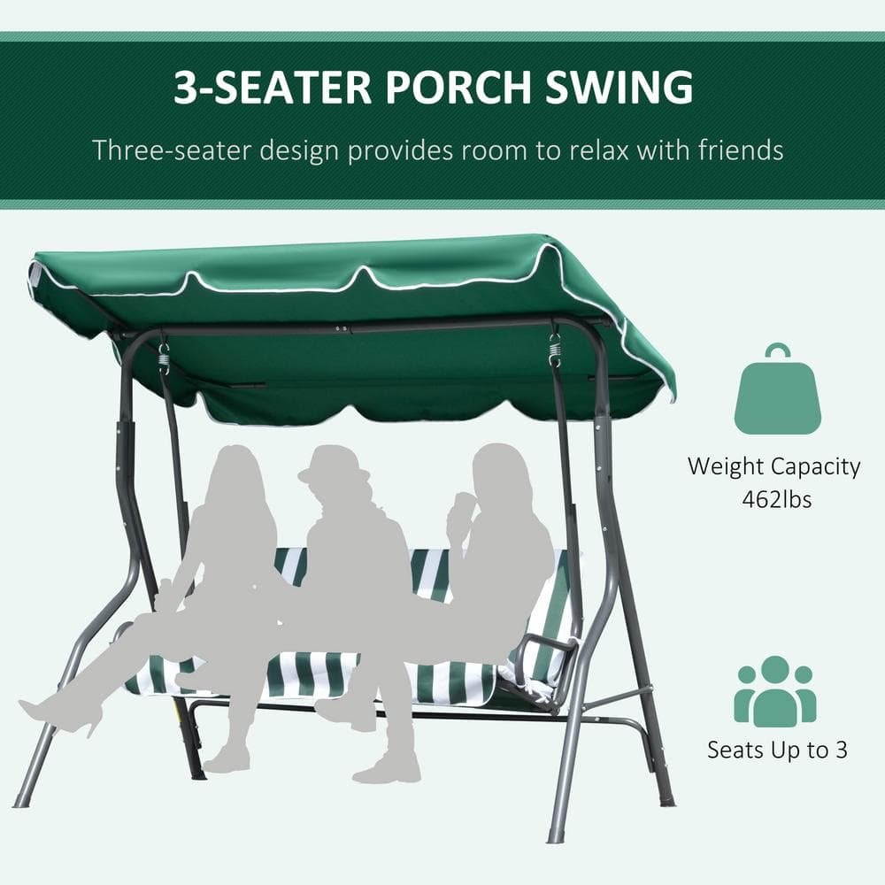 Green 3-Person Steel Frame Patio Swing with Adjustable Canopy