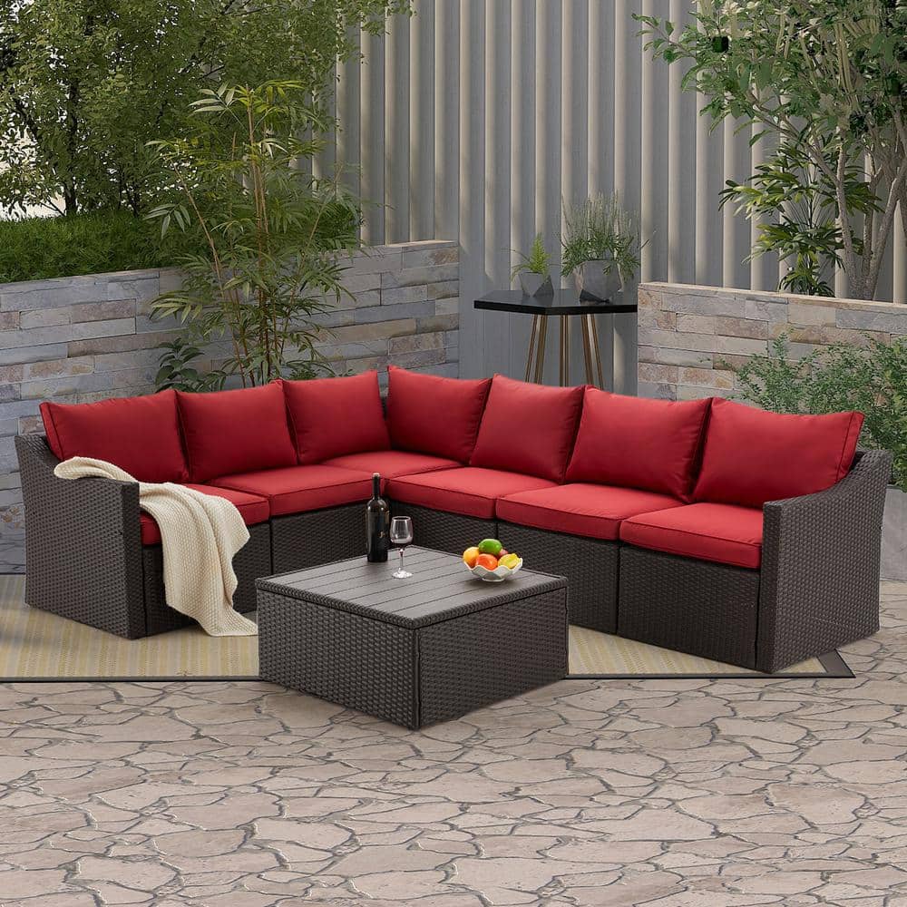 7-Piece PE Wicker Outdoor Sofa Sectional Set with Red Cushions and Storage 