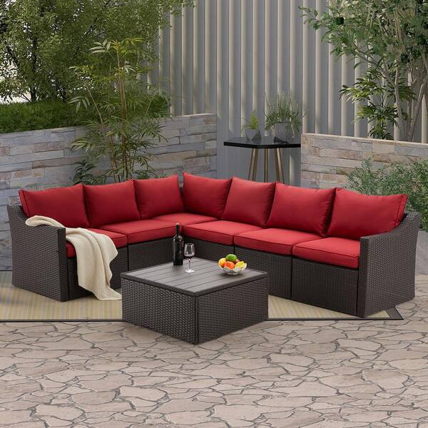 Unbranded 7-Piece PE Wicker Outdoor Sofa Sectional Set with Red Cushions and Storage Coffee Table, for Garden, Lawn, Balcony