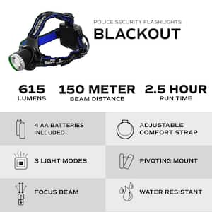 Blackout 615 Lumens Battery Power 4 AA Headlamp Features Slide Focus and Pivoting Head