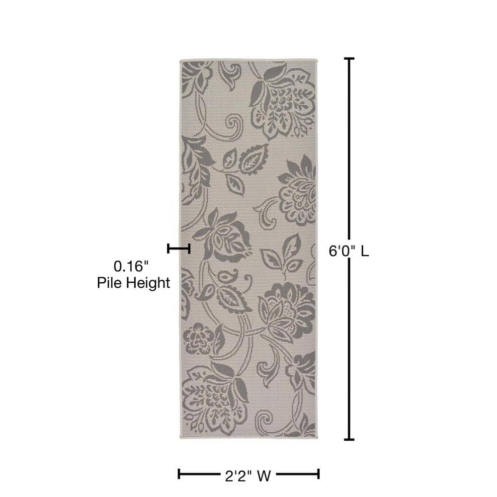 Reversible Gray Outdoor Runner Rug with Botanical Design, Easy-Care Synthetic