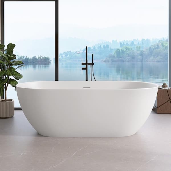 67 in. x 31.5 in. Solid Surface Soaking Bathtub Center Drain Flat Bottom Free Standing Artificial Stone Tub in White