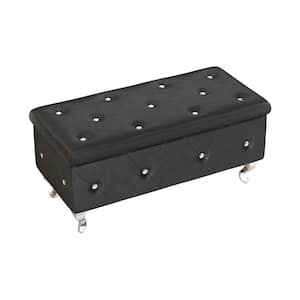 Black Faux Leather Rectangular Storage Ottoman Bench Hinged Lid Footstool, Tufted Upholstered Bench with Crystal Button