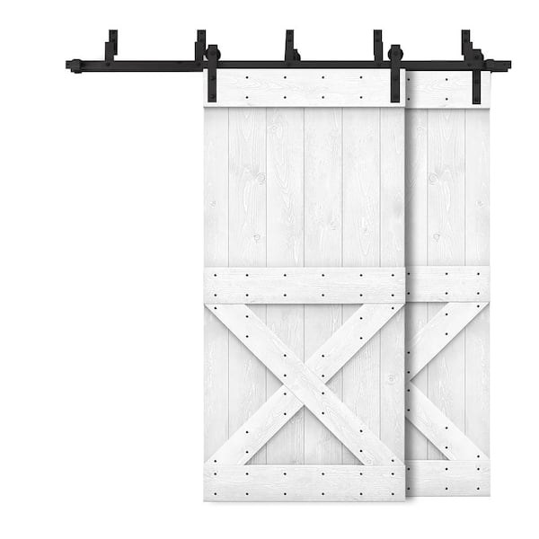 CALHOME 96 in. x 84 in. Mini X-Bypass White Stained DIY Solid Wood Interior Double Sliding Barn Door with Hardware Kit