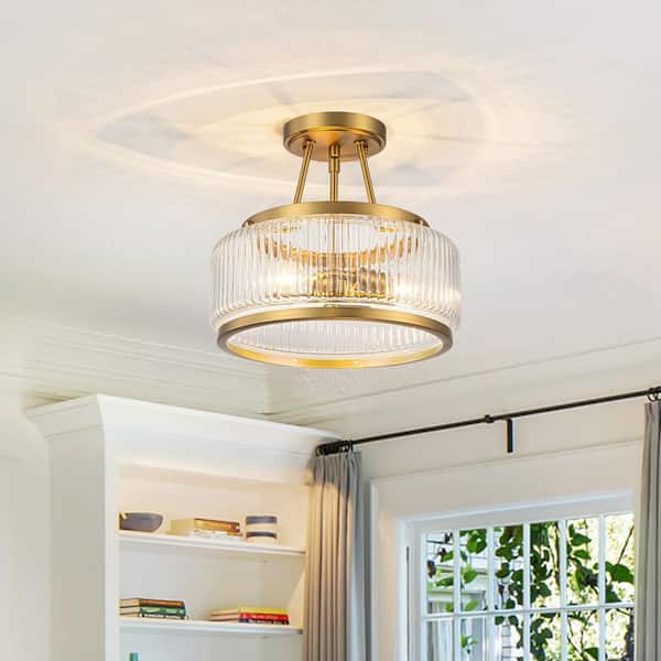 11.8 in. 3-Light Drum Brushed Gold Semi Flush Mount with Ribbed Glass for Living Room Kitchen Foyer Dining Room