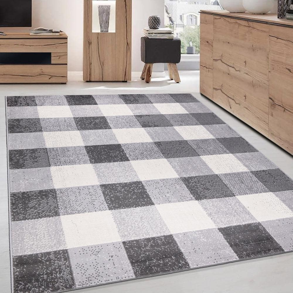 Gray and White Geometric Plaid Synthetic Area Rug 5' x 7'