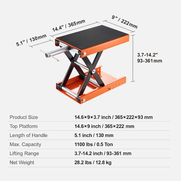 Motorcycle Lift 1100 lbs. Motorcycle Scissor Lift Jack with Wide Deck and Safety Pin 3.7 in.-13.8 in. Center Hoist Crank