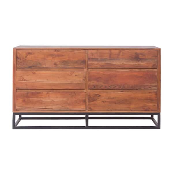 THE URBAN PORT 58 in. x 17 in. Spacious Brown and Black 6-Drawer Chest Dresser with Metal Base