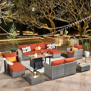 XIWD Gray 13-Piece Wicker Outerdoor Patio Storage Fire Pit Sectional Seating Set with Orange Red Cushions
