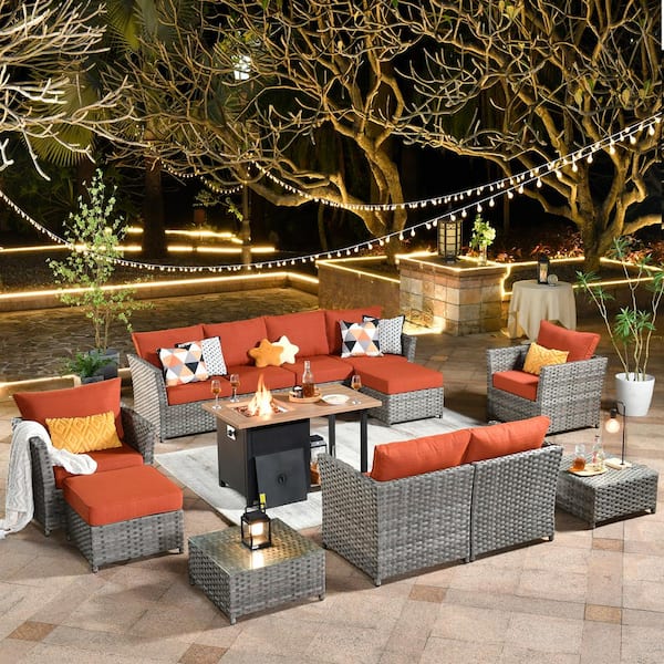 weaxty W XIWD Gray 13-Piece Wicker Outerdoor Patio Storage Fire Pit Sectional Seating Set with Orange Red Cushions