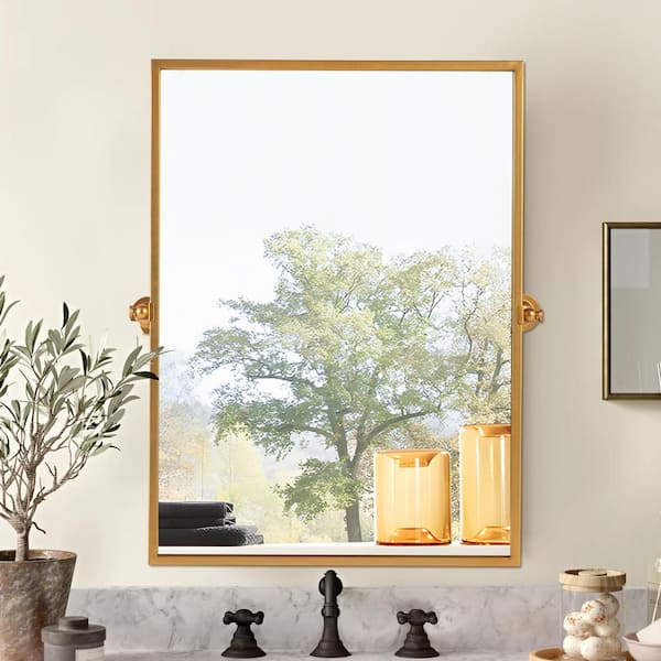 Lirago 26 in. W x 38 in. H Rectangular Metal Framed Pivoted Bathroom Wall Vanity Mirror in Gold
