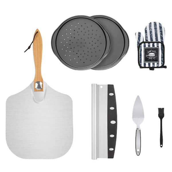 7-Piece Pizza Oven Accessories with Pizza Paddle, 2 Pizza Pans, Rocker Cutter, Pizza Server, Oven Mitts, Oil Brush