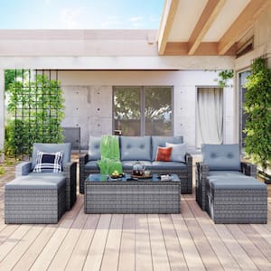 Gray 6-Pieces Wicker Outdoor Conversation Sectional Set with Gray Cushions
