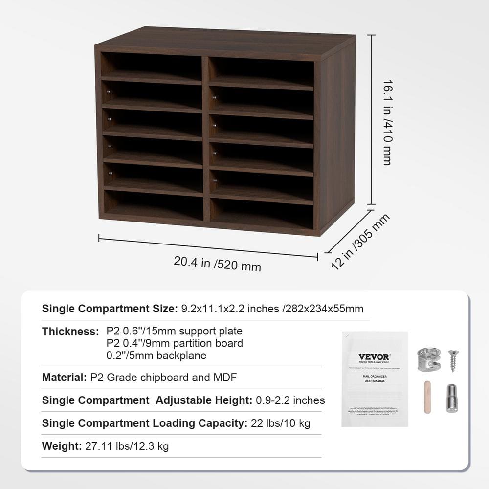 Rustic Brown 12-Compartment Wooden Desk Literature Organizer