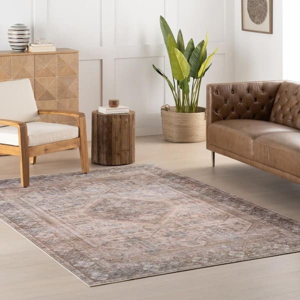 Zella Spill Proof Washable Vintage Light Brown 9 ft. x 12 ft. Indoor Area Rug