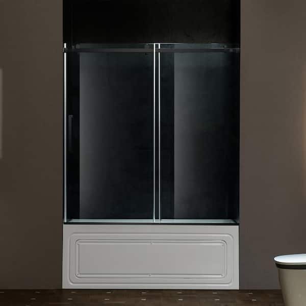 WOODBRIDGE 60 in. W x 62 in. H Single Sliding Frameless Tub Door in Matte Black with 5/16 in. (8 mm) Clear Glass