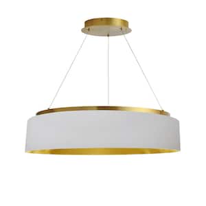 Circulo 1-Light Dimmable Integrated LED Aged Brass Shaded Chandelier with White/Gold Fabric Shade