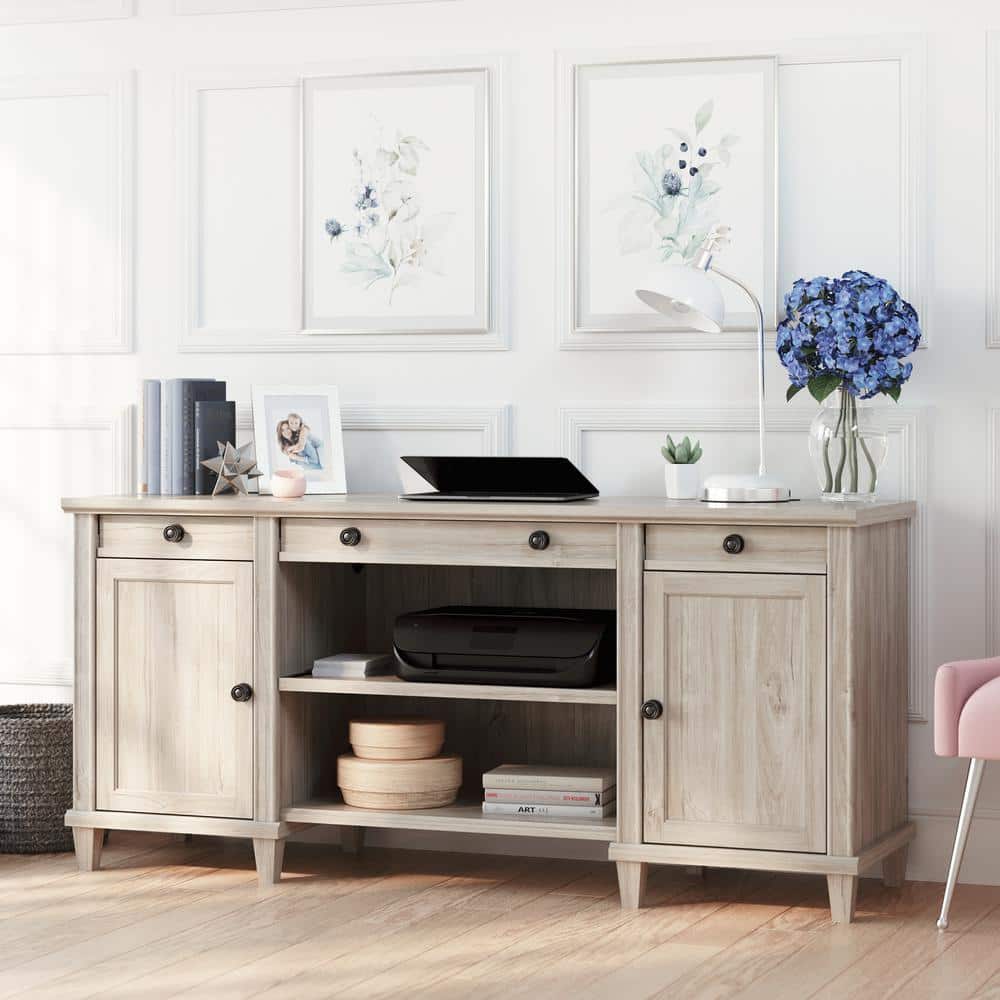 Chalk Oak Wood Credenza with Drawers and Shelves