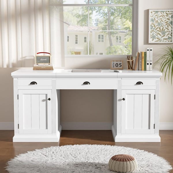 67.70 in. Rectangular White Solid Wood Desk with 2 Wooden Doors Storage Cabinet and 3 Drawers