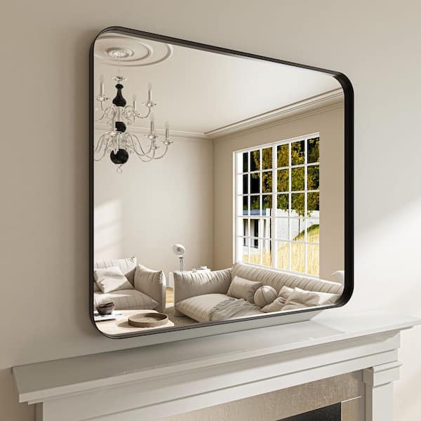 40 in. W x 36 in. H Rectangular Aluminum Framed Modern Black Rounded Wall Mirror