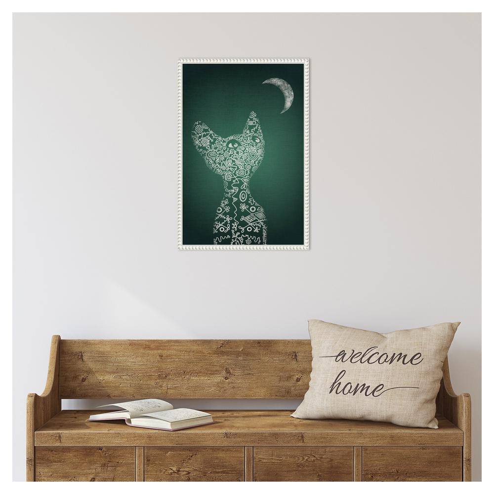 Abstract Cat and Moon Green Canvas Framed Wall Art