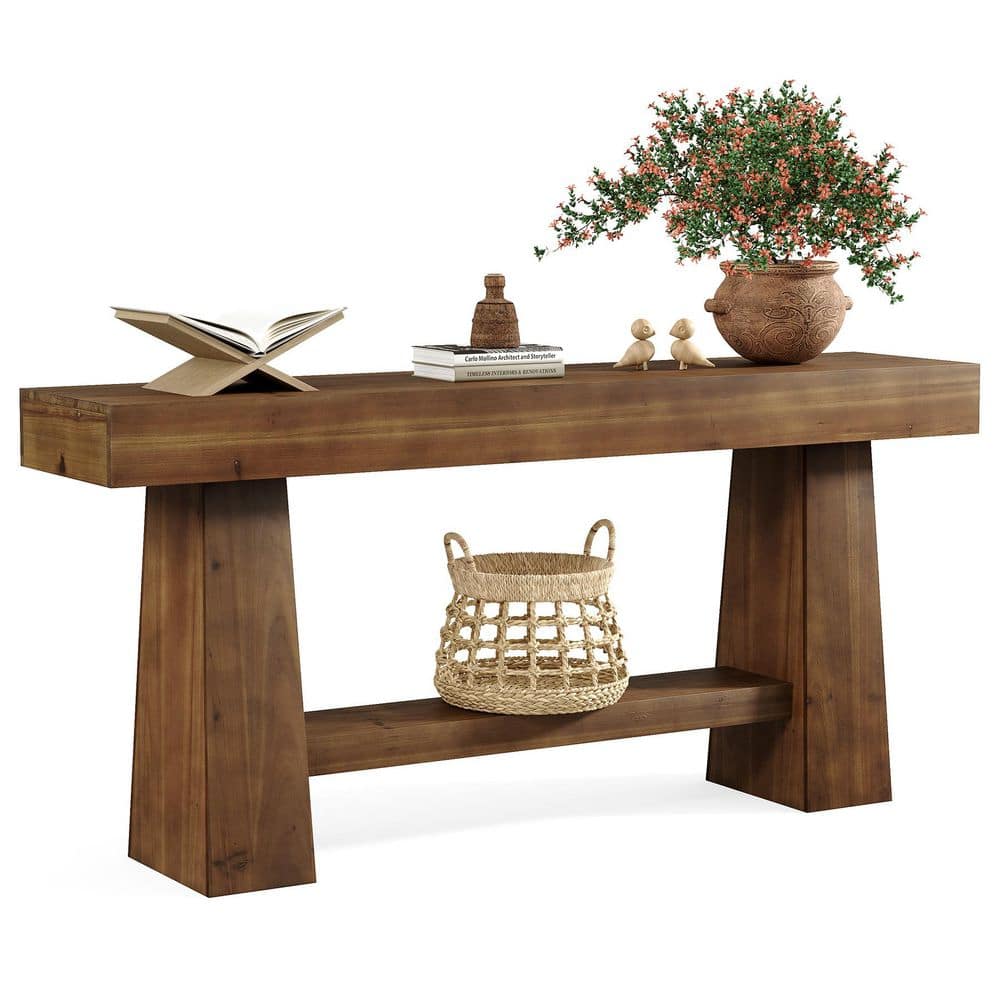 63 in. Walnut Brown Rectangle Solid Wood Console Table with 2-Tier Storage Shelves, Long Entryway Table for Hallway