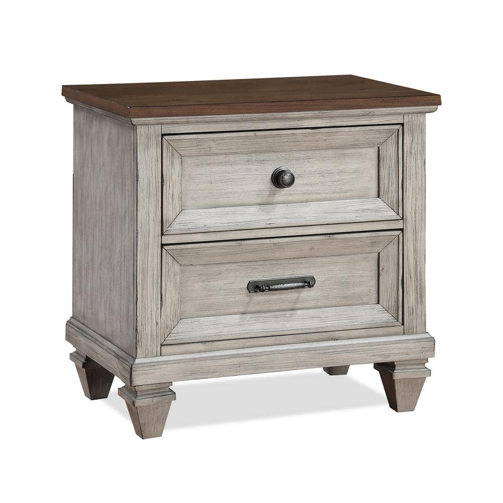 Mariana Vintage Cream and Brown 2-Drawer Solid Wood Nightstand